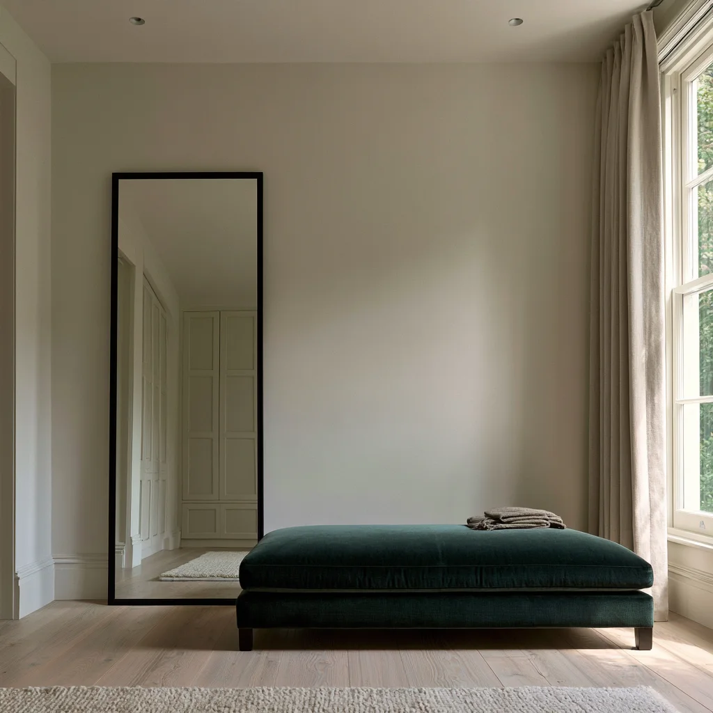 A full length mirror leaning in the corner of a finished conversion with a low bench beside it and a rug on the pale floor.