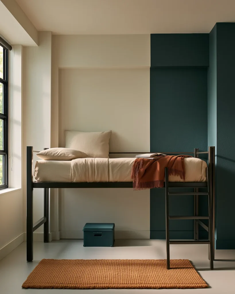 A lofted dorm bed seen from the side with a pillow propped upright, showing the headroom that decides under bed storage for dorms