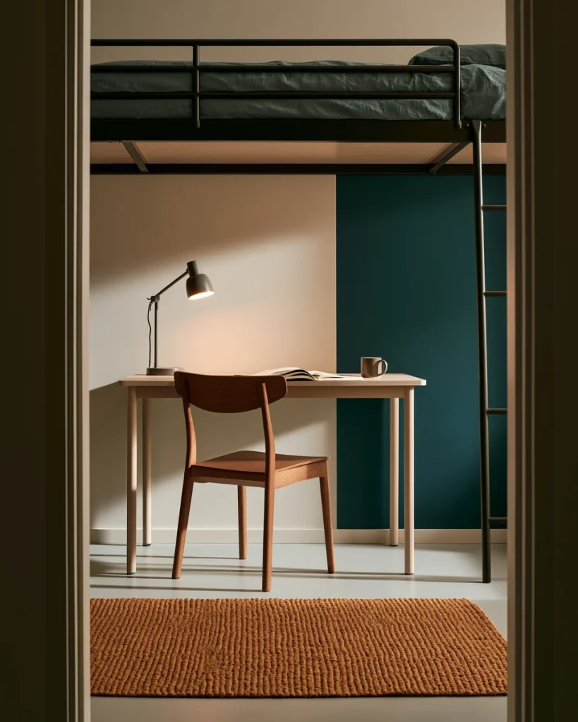 A desk and chair sitting fully underneath a lofted dorm bed, the best use of the volume under bed storage for dorms creates.