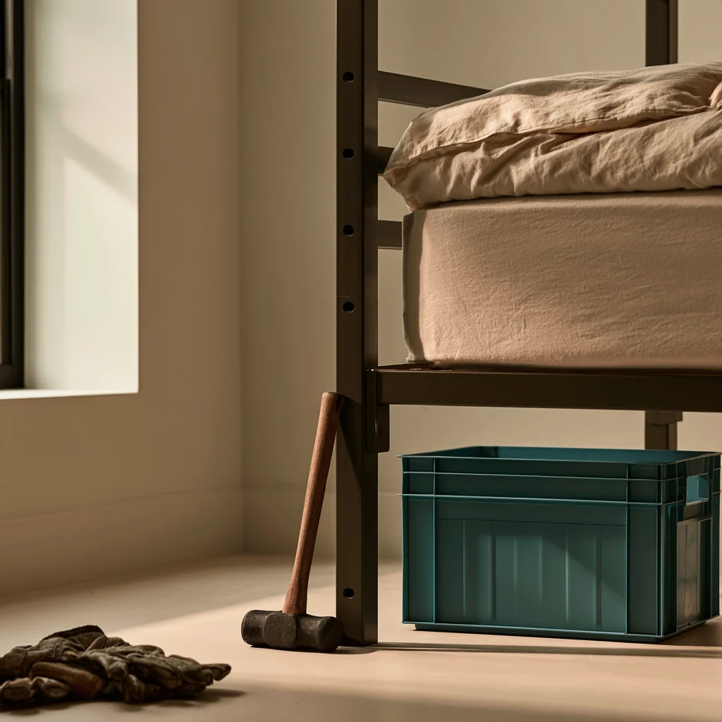 Close view of the adjustment notches on a dorm bed frame leg, the settings that decide how much space the bed releases.