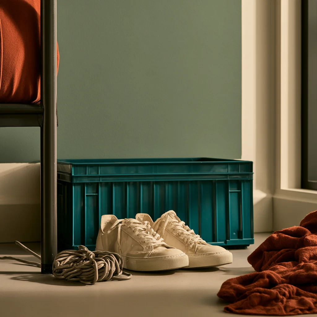 A damp pair of trainers, a snack box and an extension lead set out on the floor after being pulled from under a dorm bed