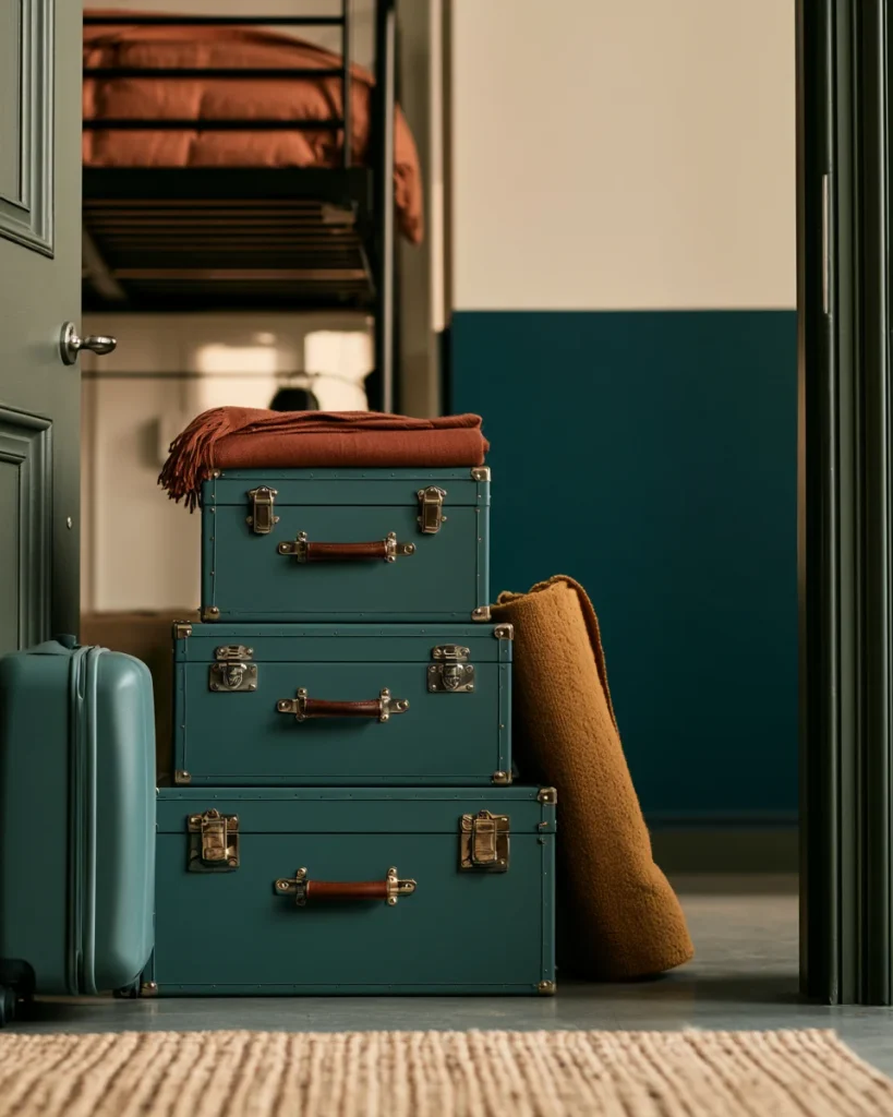 Crates and a suitcase by a dorm door, the one car load that caps under bed storage for dorms whatever the volume allows
