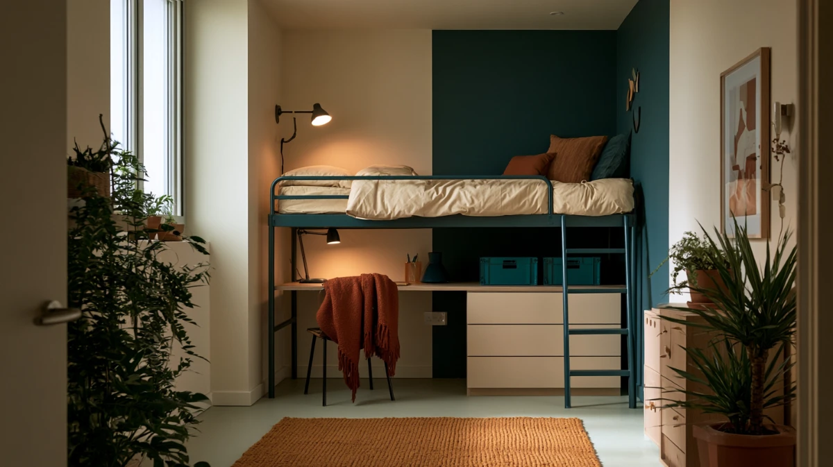 A dorm room with the bed lofted to full height, a desk and dresser underneath and two crates at the back, showing what under bed storage for dorms is really for.