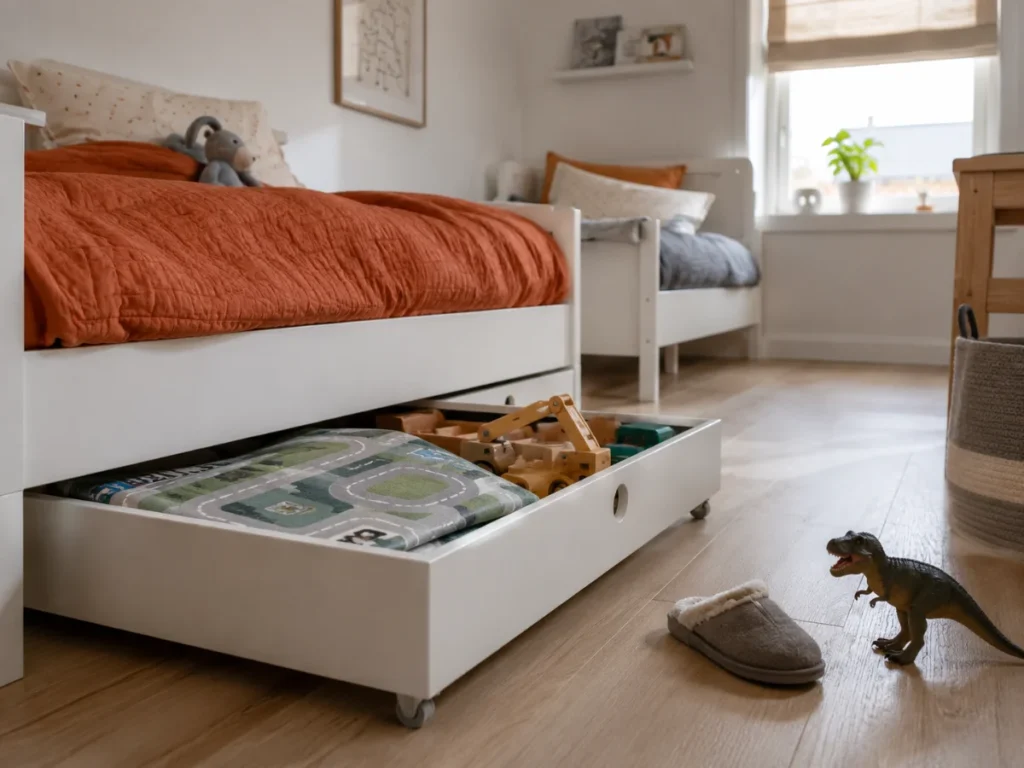 Rolling under bed bins used for toy storage in a small shared kids bedroom