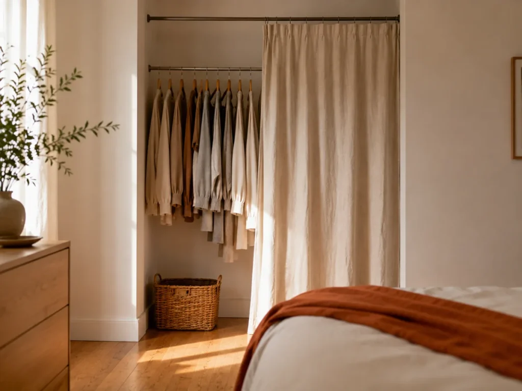 An alcove converted into a closet with a tension rod and a linen curtain in a rented bedroom