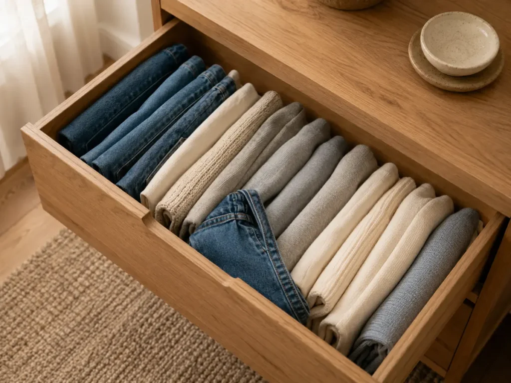 An open dresser drawer with clothes filed vertically in a bedroom with no closet