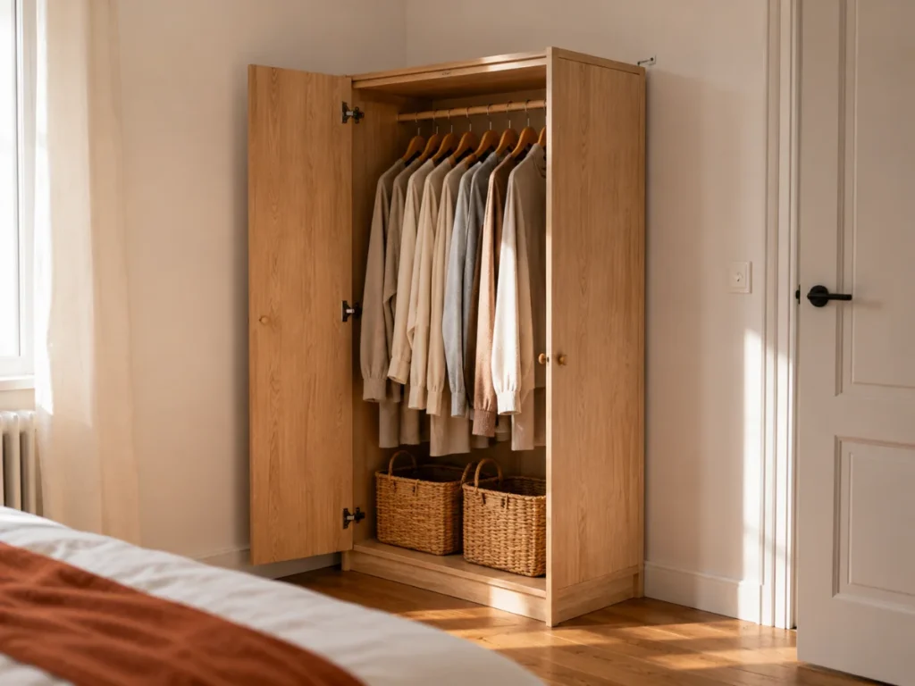 A freestanding oak wardrobe anchored to the wall in a bedroom with no closet
