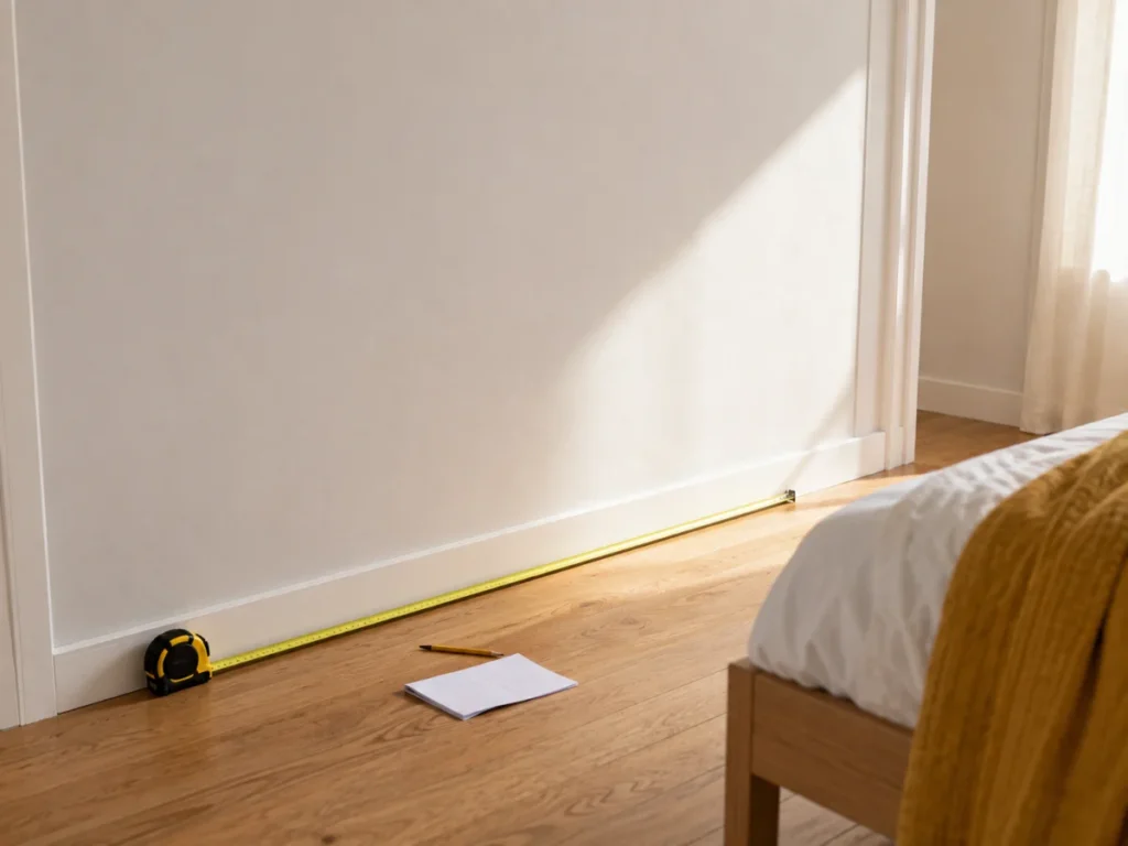 Measuring an empty bedroom wall before choosing a wardrobe for a room with no closet