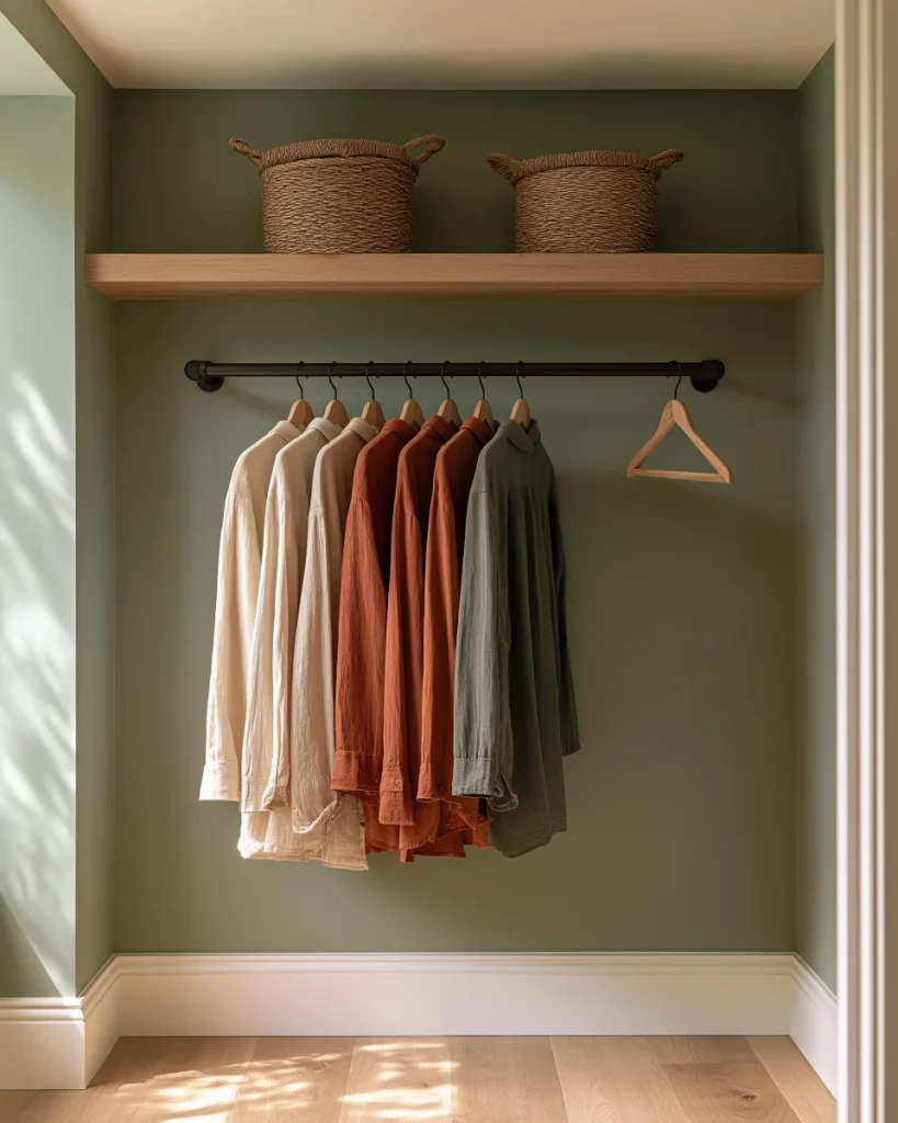A double wall-mounted rail of clothes in a no closet bedroom, with the floor completely clear beneath it.
