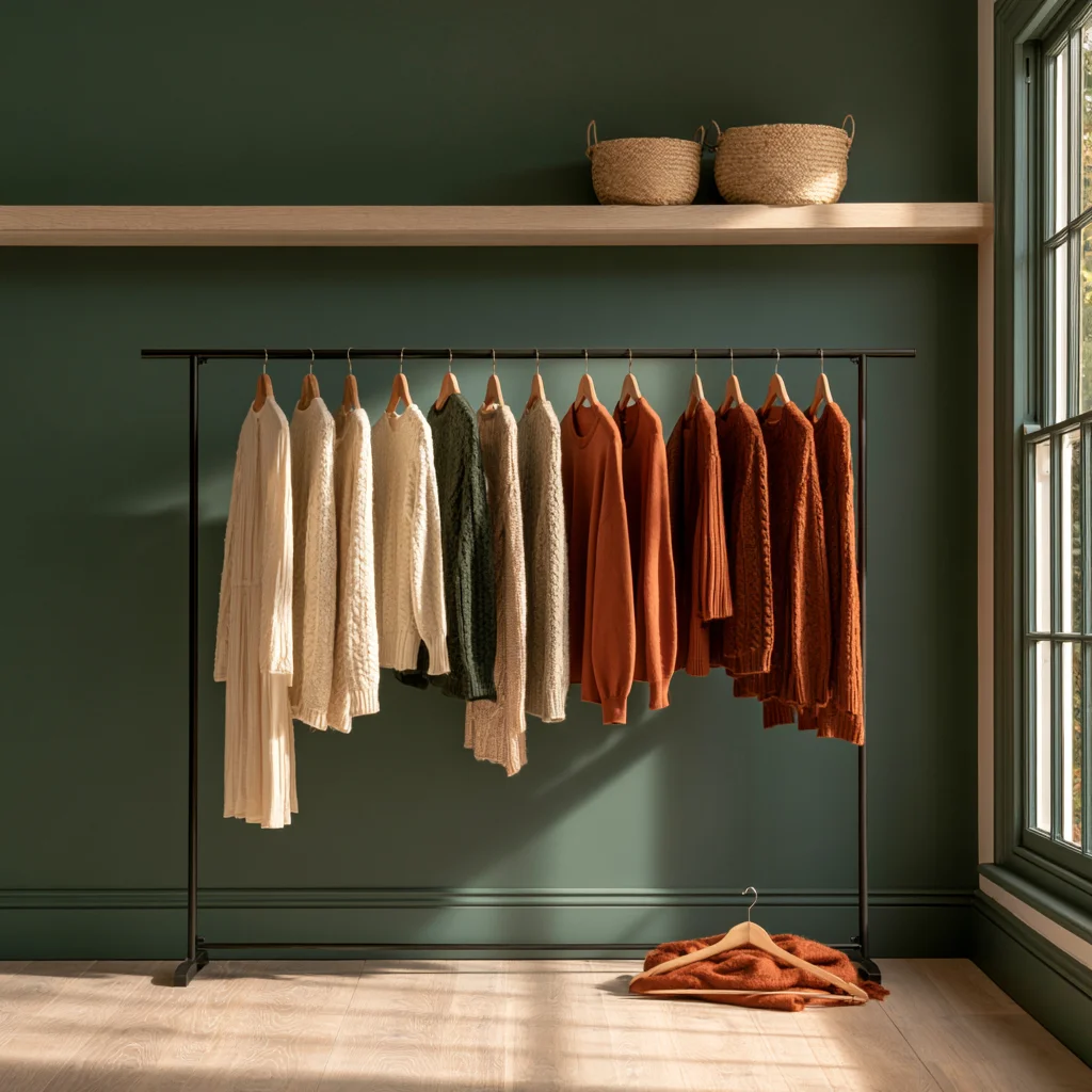 Direct sunlight falling across clothes on an open rail beside a window, the light exposure a no closet bedroom adds to everything on display.