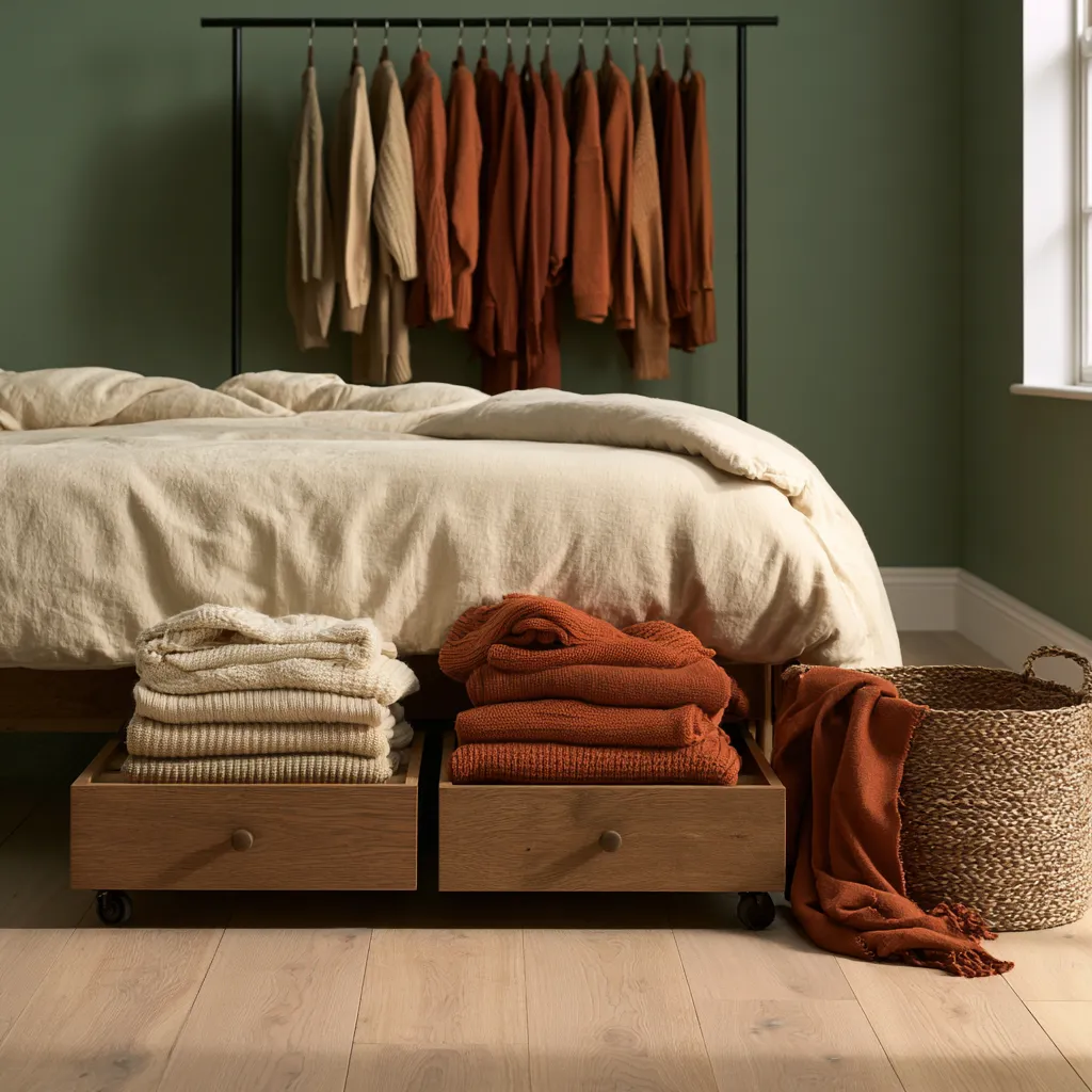 Two flat drawers pulled out from under a bed holding folded clothes, the storage a no closet bedroom gets for no extra floor.