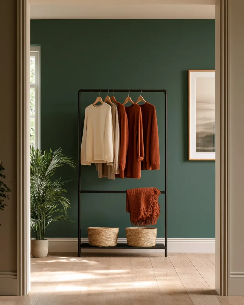A freestanding double rail standing clear of the wall in a rented no closet bedroom, with nothing fixed to the wall at all