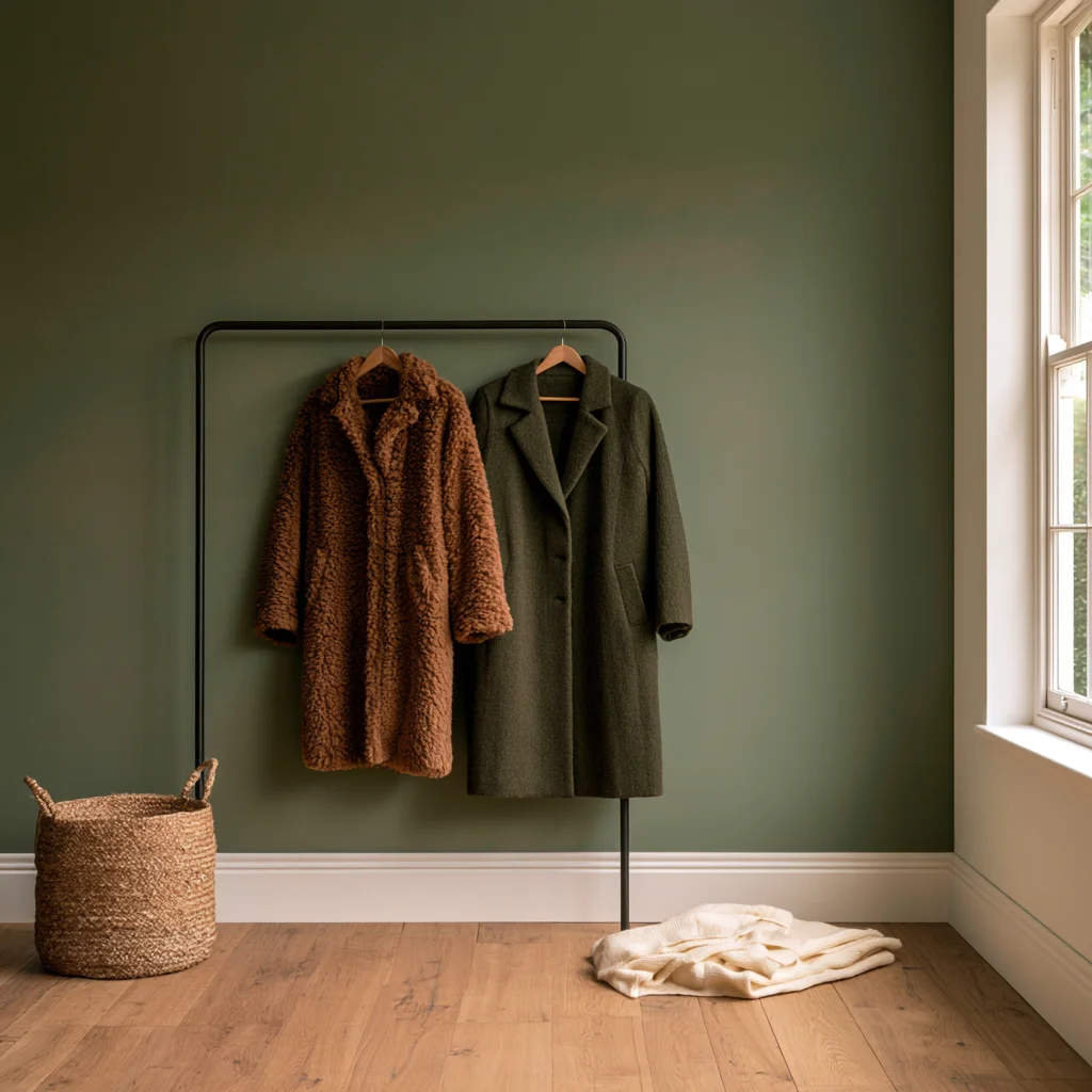 Off-season coats and a stack of empty hangers set out on the floor after being cleared from a no closet bedroom rail.