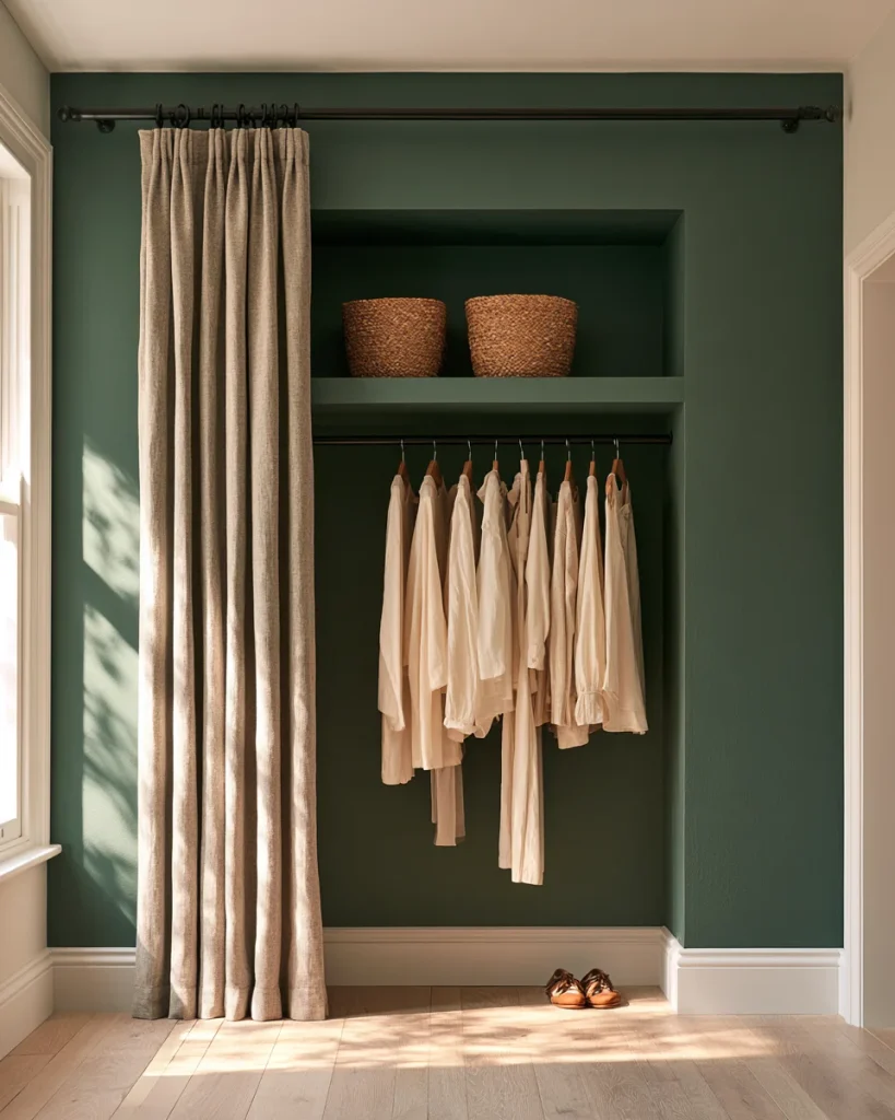 A chimney breast alcove fitted with a rail and a ceiling curtain, the only no closet bedroom option that keeps all three jobs.