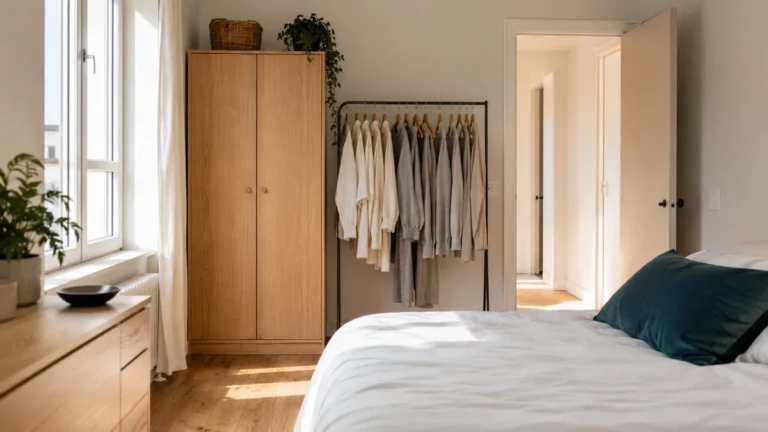 No closet bedroom ideas with a freestanding wardrobe and open clothing rack in a small rental bedroom