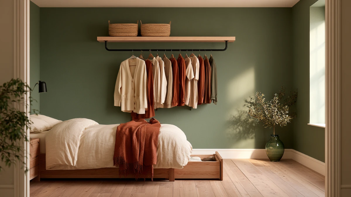 A no closet bedroom with a double wall rail, a shelf above and under-bed drawers, keeping the floor clear without a wardrobe.