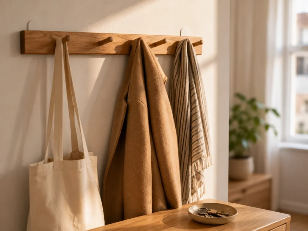 A no drill peg rail with hooks holding daily clothes on a rented bedroom wall