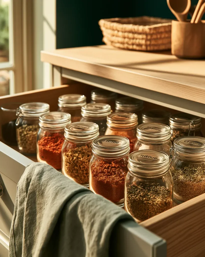 An open deep spice drawer of clear glass jars standing upright with the name written on every lid, read from above.