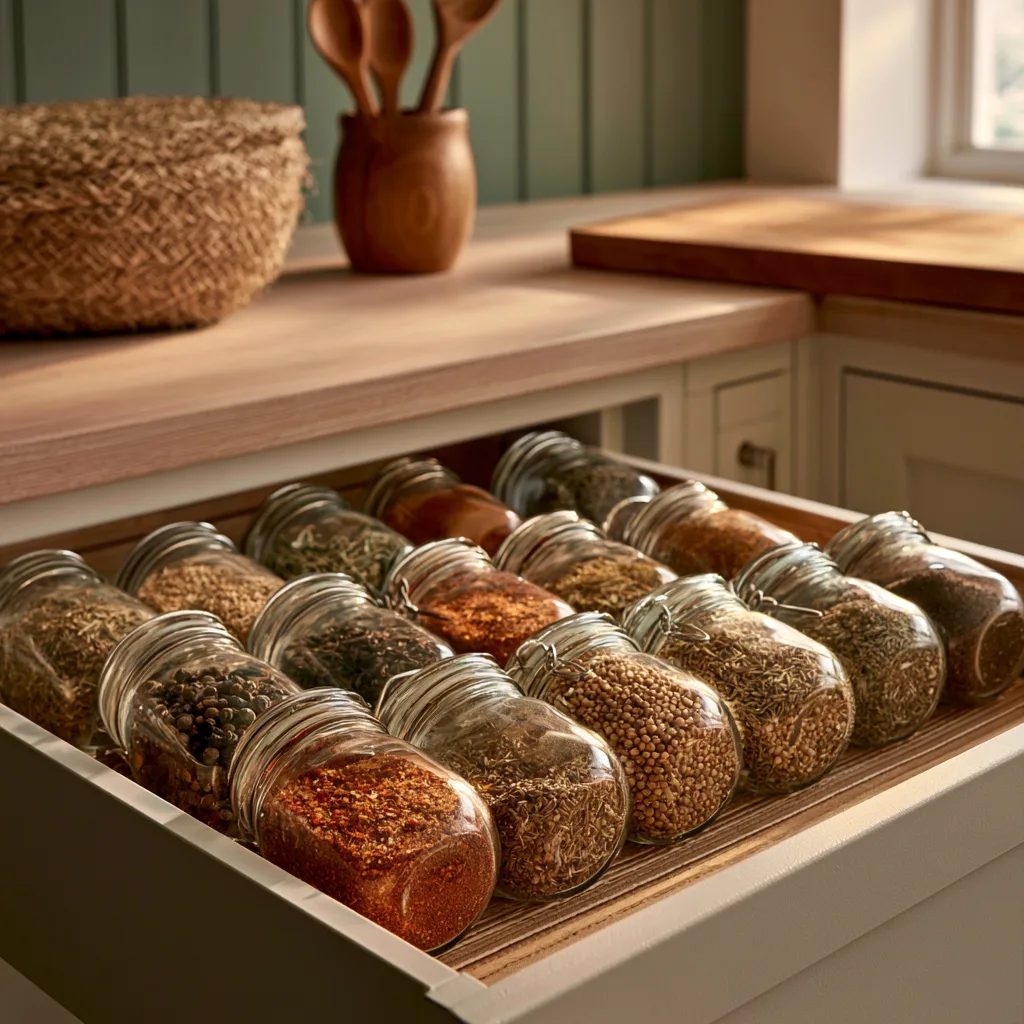 A shallow spice drawer with jars lying flat in three rows, the front labels readable and the back two rows facing away.