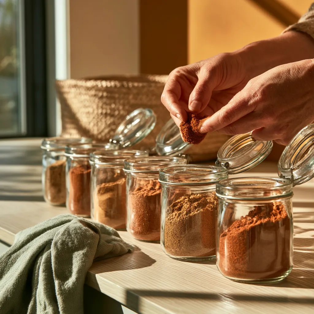 Hands rubbing a pinch of ground spice between finger and thumb over an open jar, the freshness test that decides what leaves the drawer.