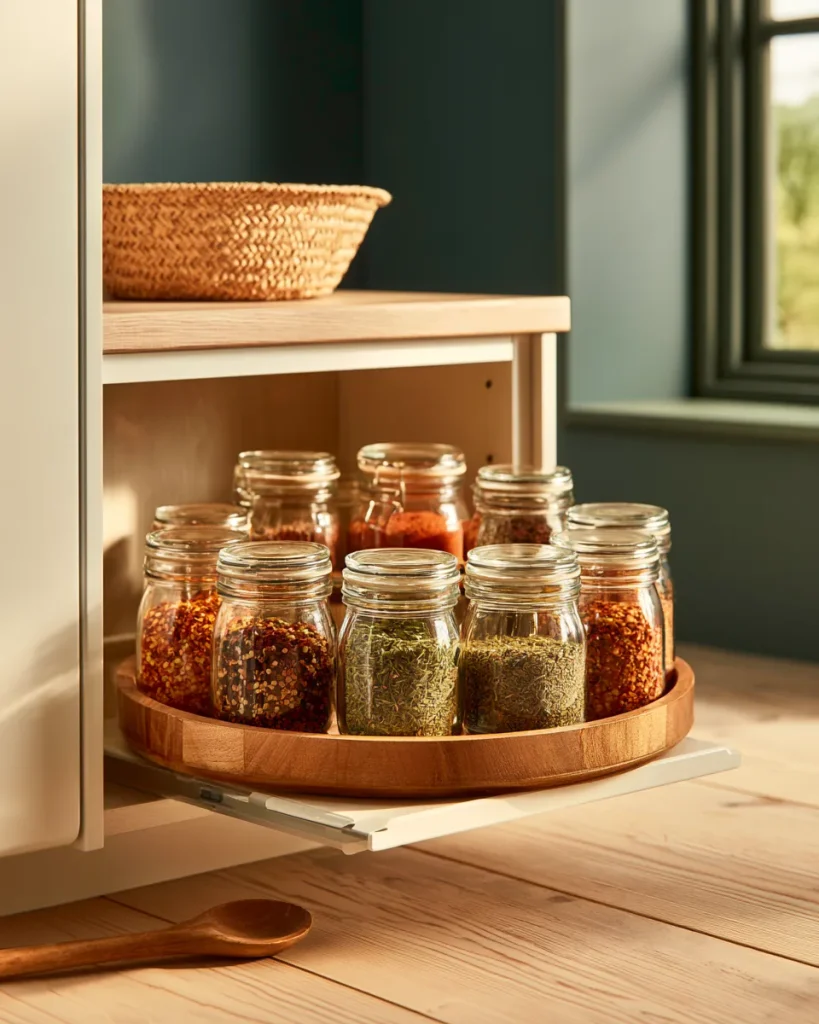 A turntable of clear spice jars in an open corner cabinet, the fallback when a small kitchen has no drawer to spare.