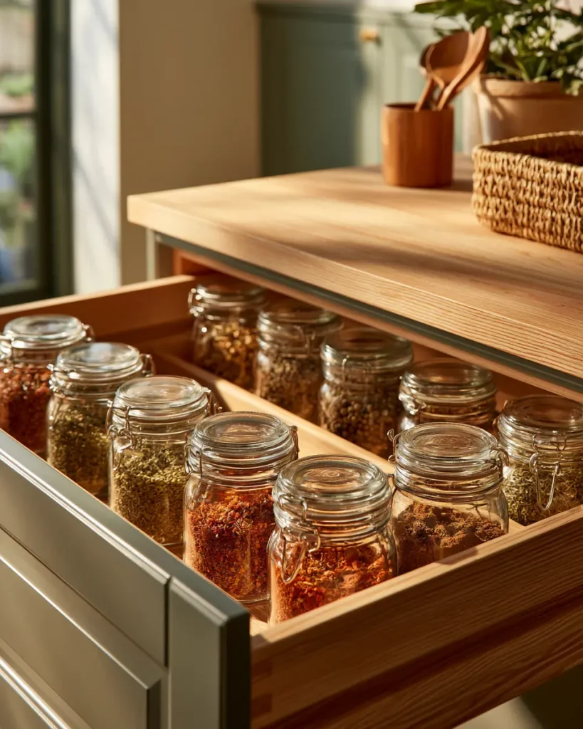 A spice drawer sorted by frequency, eight everyday jars in the front row and the rest ranked behind them.