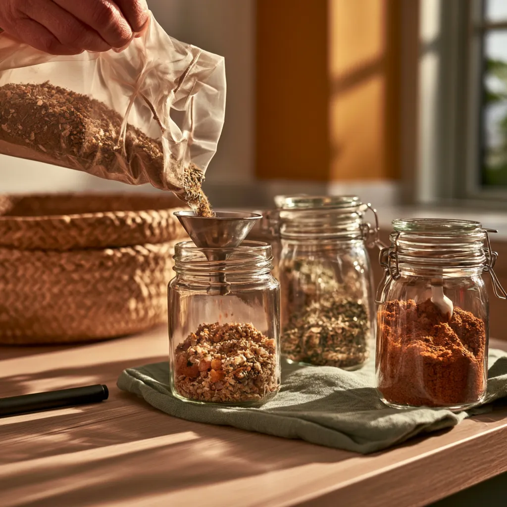 A refill bag being poured through a small funnel into a clear spice jar, with a marker pen ready to date the lid.