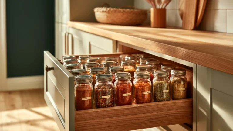 A small kitchen with a deep spice drawer pulled open, clear jars standing upright with labelled lids readable from above.