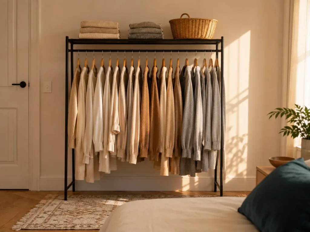 A black steel clothing rack styled with matching hangers in a small bedroom with no closet
