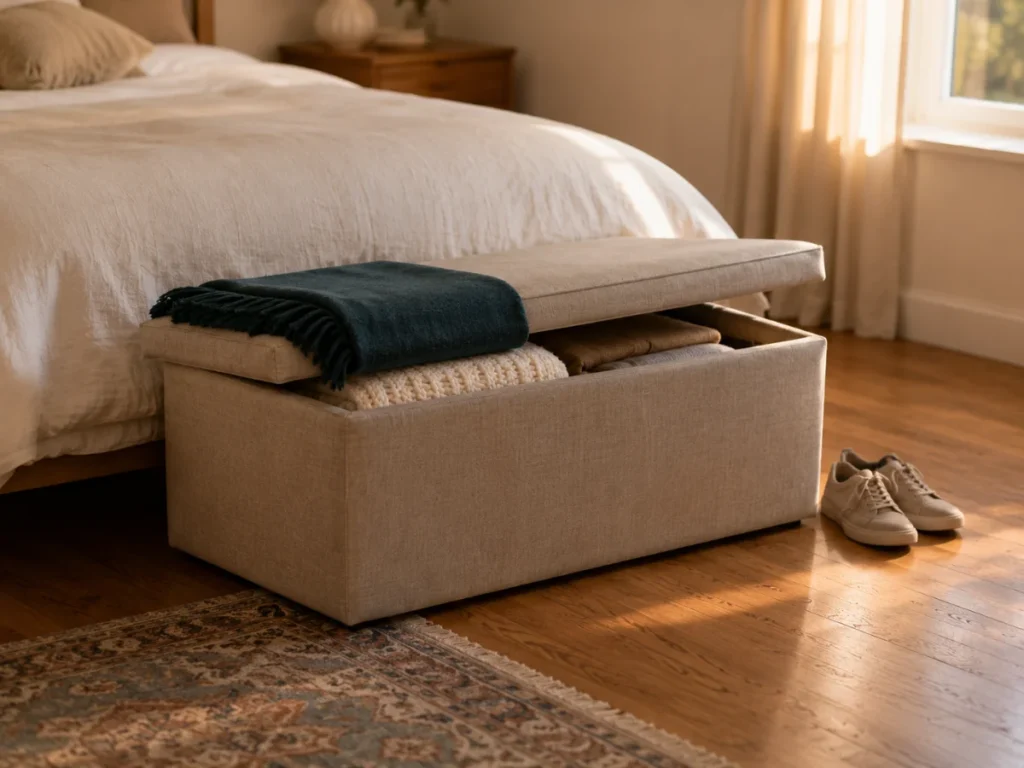 A lidded storage bench at the foot of a bed adding closed storage in a no closet bedroom